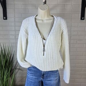 Venus White Open Knit Zipper Collar Sweater Small Medium